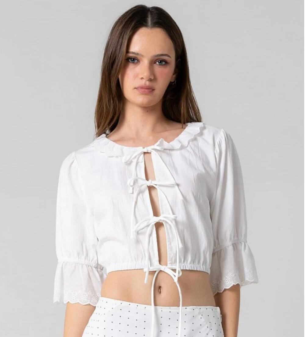 Beige Botany White Cotton Sensibility Eyelet Trim Tie Front Peasant Top Blouse S